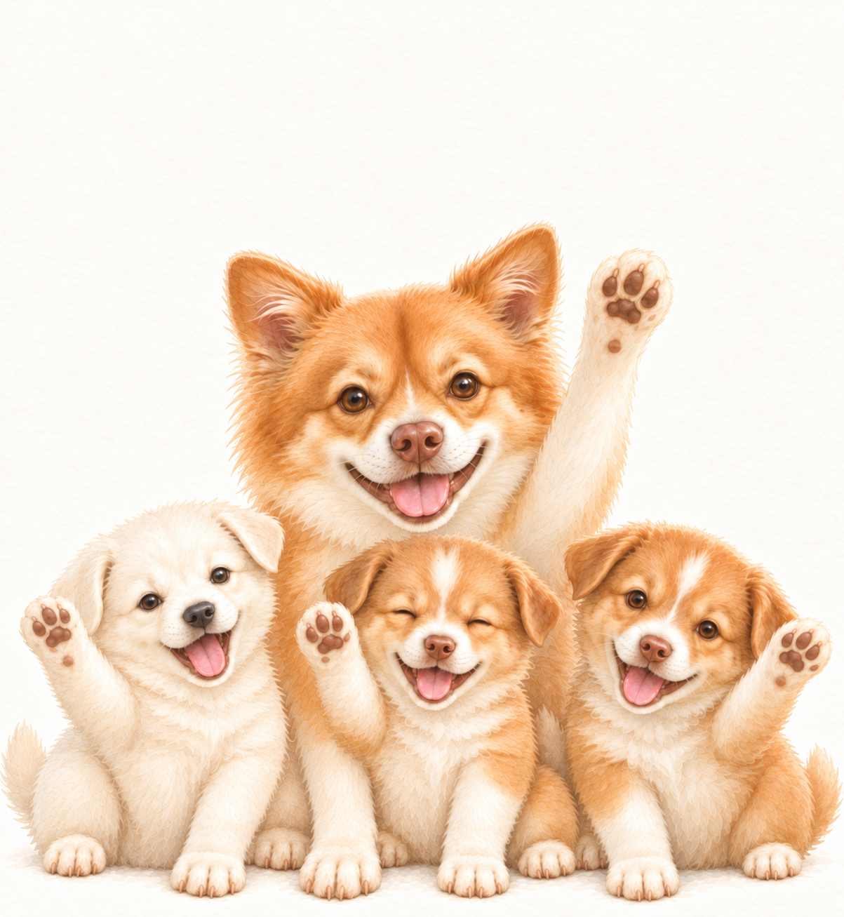 手を上げて笑う4匹のワンちゃんのイラスト