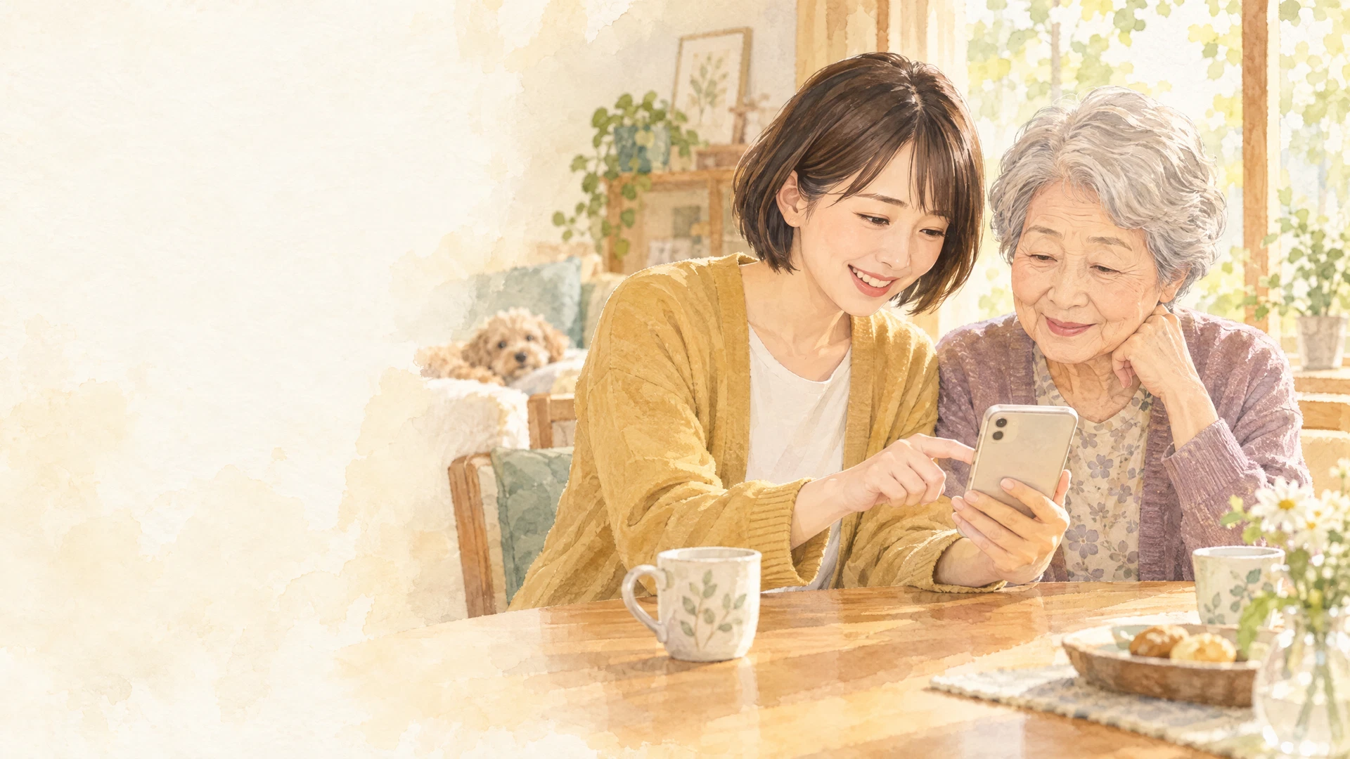 女性とおばあさまが、テーブルでスマートフォンを一緒に見ているイメージイラスト
